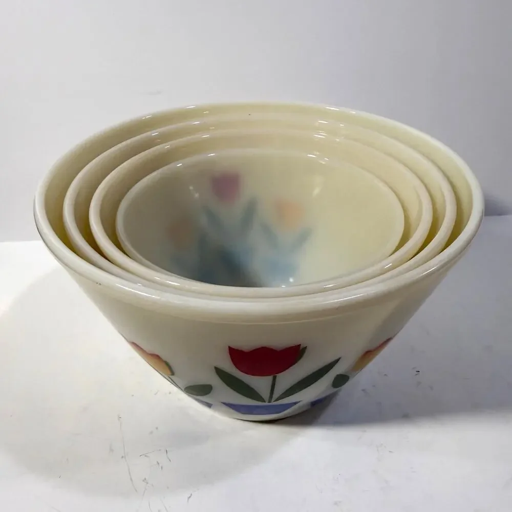 Rare Fire King Tulip Bowls Milk Glass Nesting Bowls Splash Proof Full Set of 4